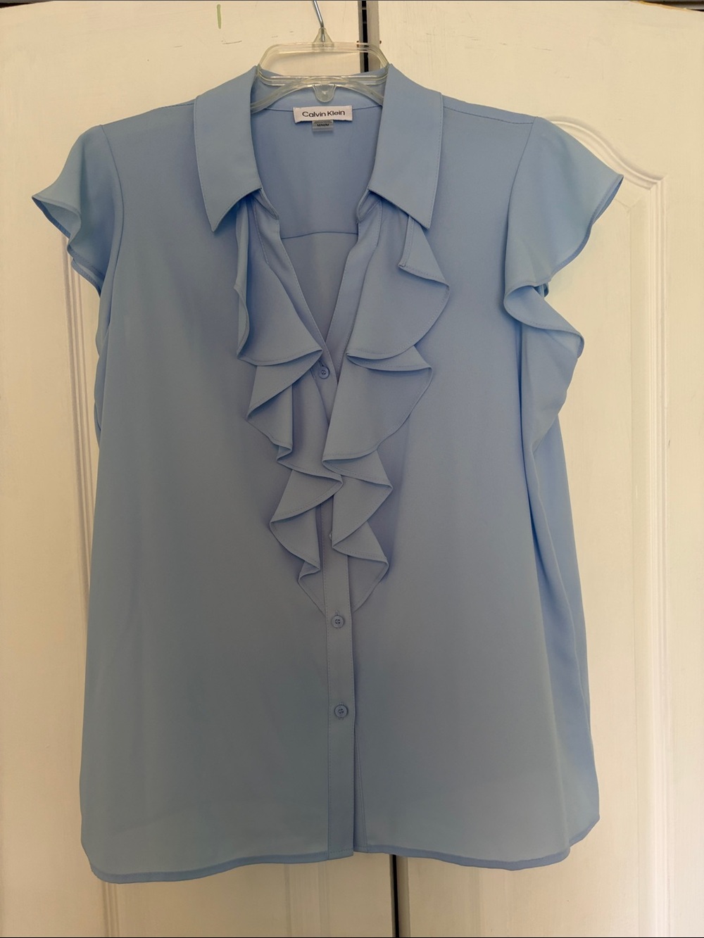 Calvin Klein Sky Blue Ruffle Front Cap Sleeve Blouse